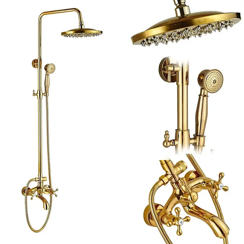 Gold-finished brass shower mixer tap with tall overhead rainhead handheld spray and cross-handle shower faucet