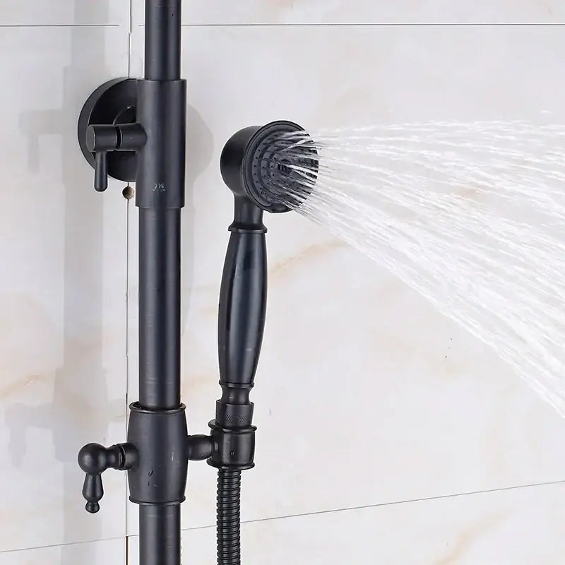 Black matte finished shower mixer tap with handheld spray and vertical rail for bathroom shower faucet setup