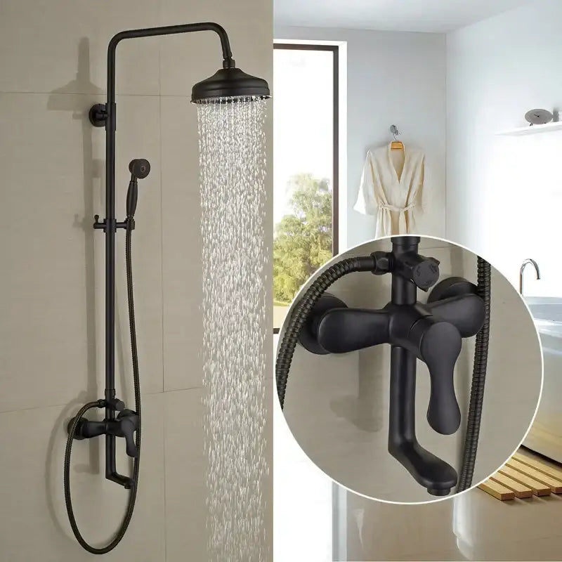 Black bronze rainfall shower mixer tap with black matte finish rainhead and handheld shower faucet for bathroom use