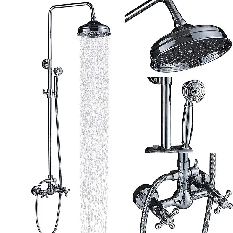 Chrome finished shower mixer tap with tall rainhead and handheld spray nozzle featuring cross-handle faucets