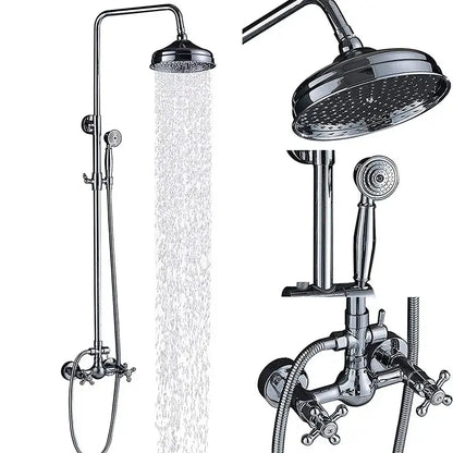 Chrome finished shower mixer tap with tall rainhead and handheld spray nozzle featuring cross-handle faucets