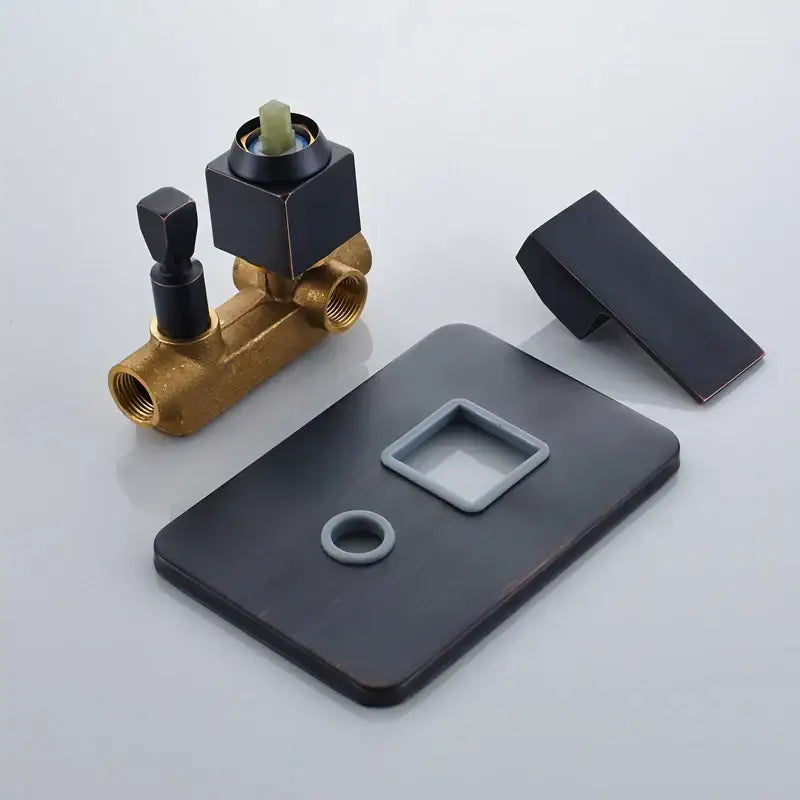 Black bronze square rainfall shower faucet valve assembly with black matte finish brass piping and decorbites black bronze knob