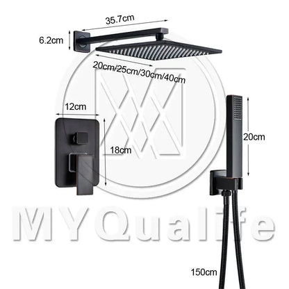 Black bronze shower faucet set with matte black square rain shower head wall mount and handheld attachment by decorbites