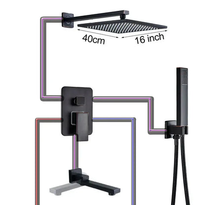Black matte-finish square rain shower head 16 inch with textured surface in decorbites black bronze shower faucet set