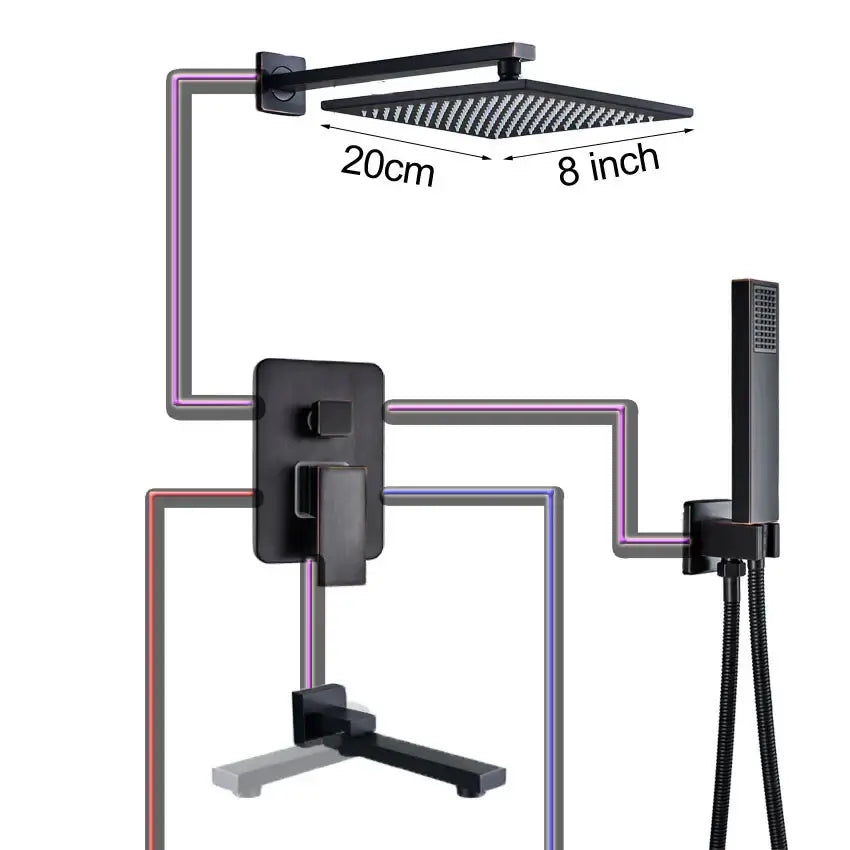 Black bronze square rainfall shower faucet set with black matte textured rain shower head and integrated wall mount by decorbites
