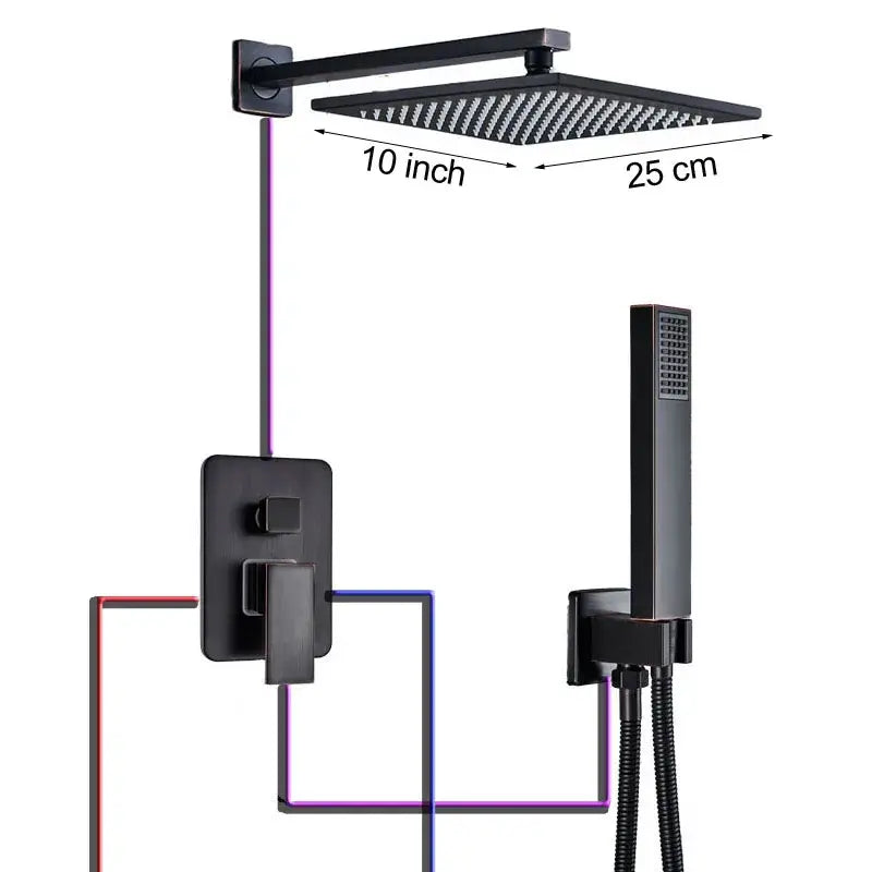 Black bronze square rainfall shower faucet set with black matte finish and integrated wall-mounted bracket by decorbites black bronze