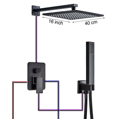 Black matte finish square shower faucet with textured surface and matching wall mount in decorbites black bronze style