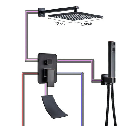 Black bronze square rainfall shower faucet with black matte textured square rain shower head and 30 cm markings by Decorbites