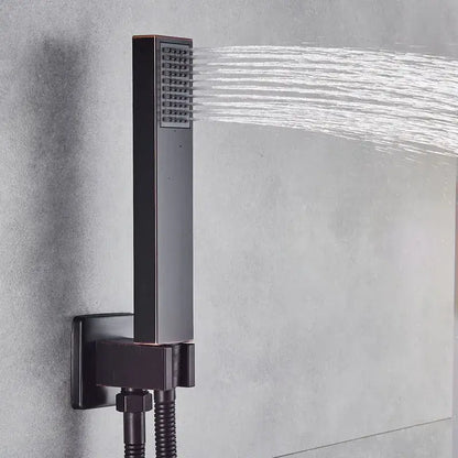 Modern matte black bronze shower faucet with rectangular rainfall showerhead and multiple jets for bathroom decorbites black bronze set