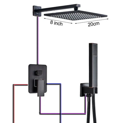 Black bronze square rainfall shower faucet set with black matte textured shower head and matching wall-mounted control panel by decorbites
