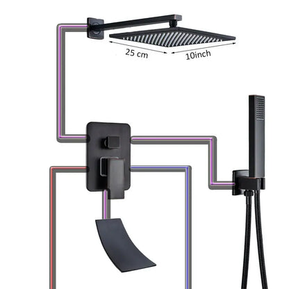 Black matte finished square rain shower head with textured surface and integrated bracket in decorbites black bronze shower faucet set
