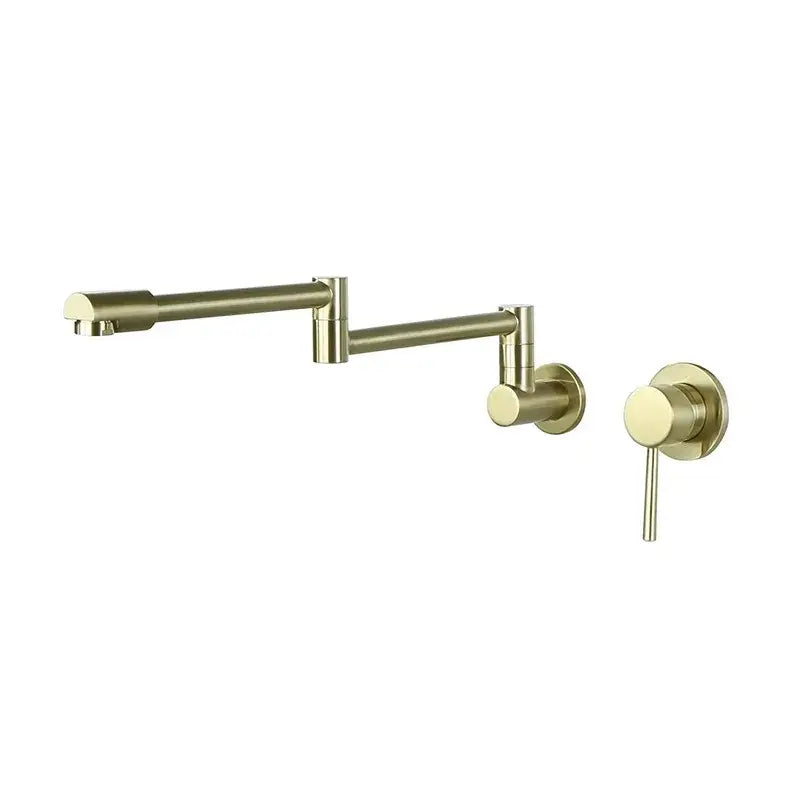 Brass-colored black brushed gold kitchen pot filler wall mounted dual handle tap with articulated gooseneck spout and knob