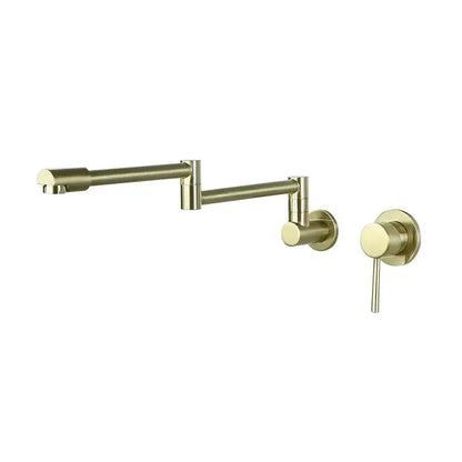 Brass-colored black brushed gold kitchen pot filler wall mounted dual handle tap with articulated gooseneck spout and knob