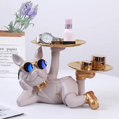 A stylish gray bulldog desktop storage statue with gold trays wearing sunglasses and bow tie for office decorbites decor