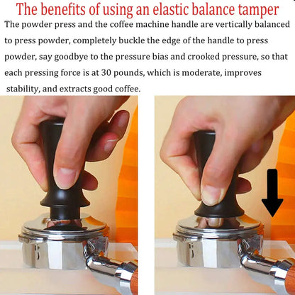 Black calibrated espresso coffee tamper with ergonomic black handle and metallic base for precise coffee tamping