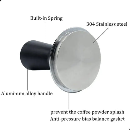 Black calibrated espresso coffee tamper with 304 stainless steel base and matte black aluminum handle for precise tamping