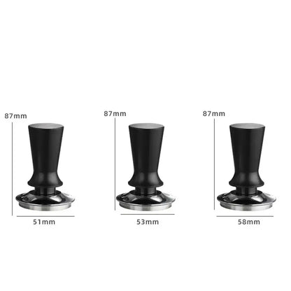 Black calibrated stainless steel decorbites espresso tamper set with three ergonomic black handles for various cup sizes
