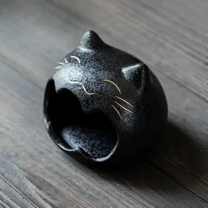 Black cartoon cat ceramic ashtray with gold whiskers glossy finish large capacity decor for living room