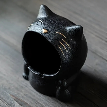 Black cartoon cat ceramic ashtray with gold whiskers and large capacity decorbites cartoon cat for living room decor