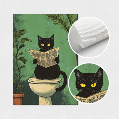 Decorbites™ 3-piece black cat bathroom wall art featuring a black cat illustration with glowing eyes on a green background