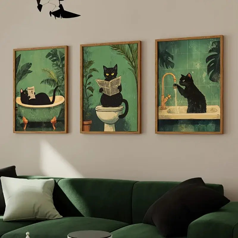DecorBites 3-piece black cat bathroom wall art set featuring framed humorous black cat illustrations on vintage green backgrounds