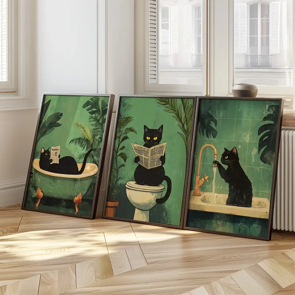 Set of three framed black cat wall art illustrations featuring bathroom-themed scenes on green background for decorbites