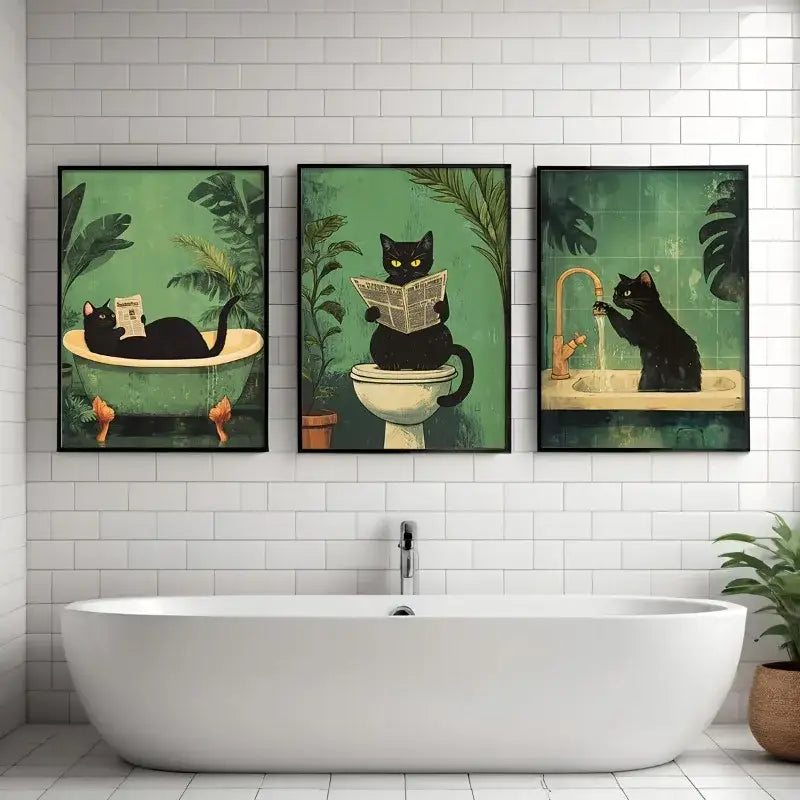 Three framed black cat illustrations wall art displayed on white tiled wall for black cat bathroom decorbites set