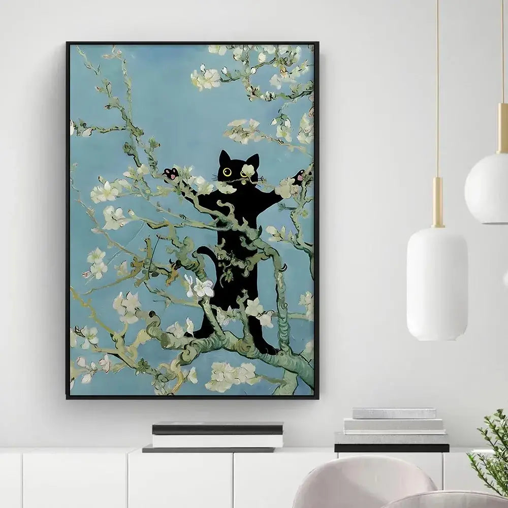 Decorbites™ black cat starry night canvas wall art featuring silhouette with white blossoms in black frame on soft blue background