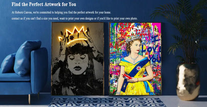 Vibrant black cat starry night wall art canvas print featuring queen elizabeth ii in yellow gown with blue sash
