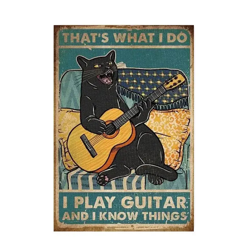 Vintage-style DecorBites black cat reading music poster featuring a black cat playing acoustic guitar on patterned cushions