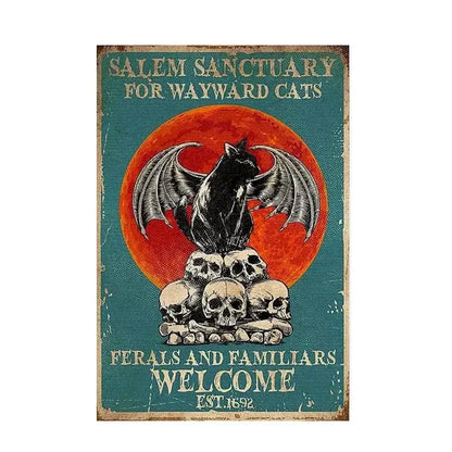 Vintage-style decorbites™ black cat reading music poster with black cat and bat wings atop skulls on an orange backdrop