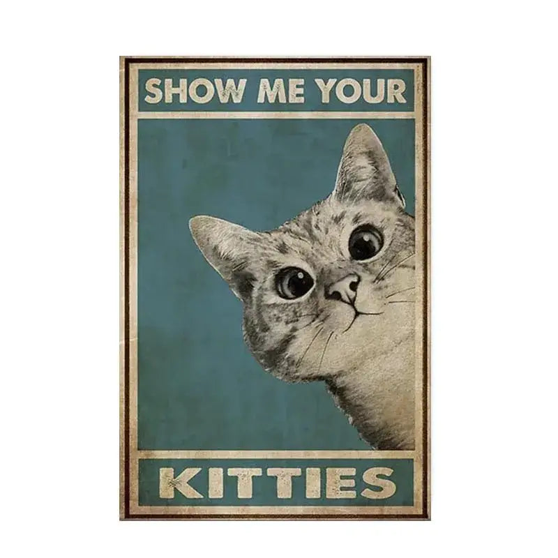Vintage-style DecorBites™ poster featuring a gray tabby cat peeking with distressed text, ideal for black cat reading decor