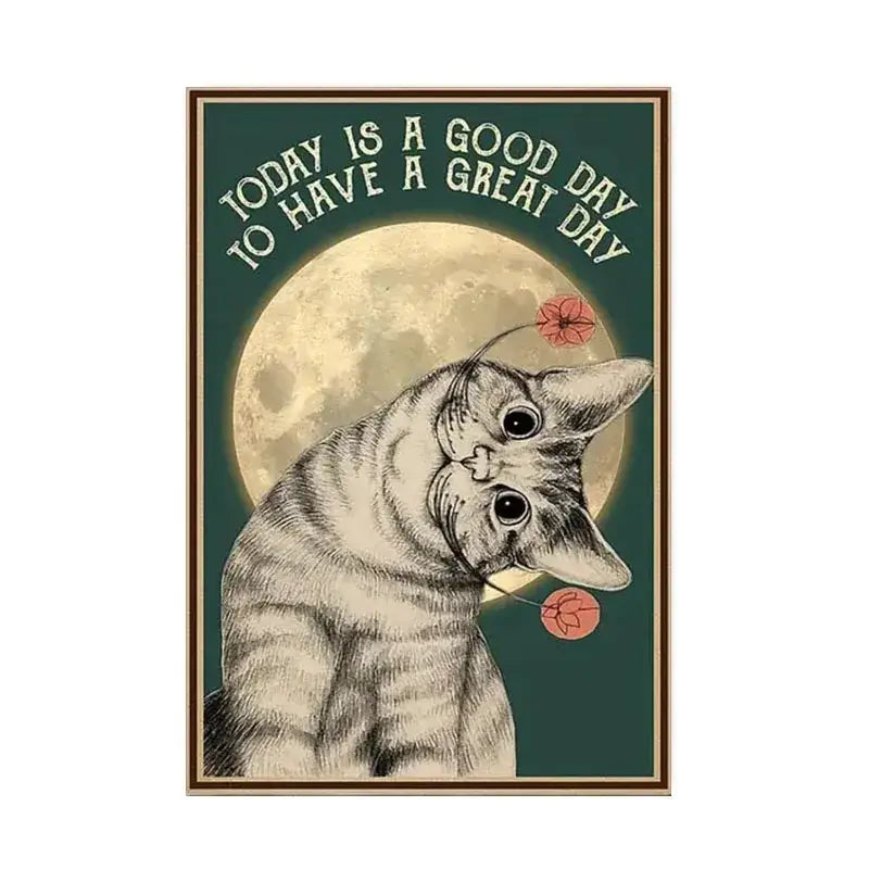 Vintage-style decorbites™ black cat reading music poster with tabby cat and full moon for home decor