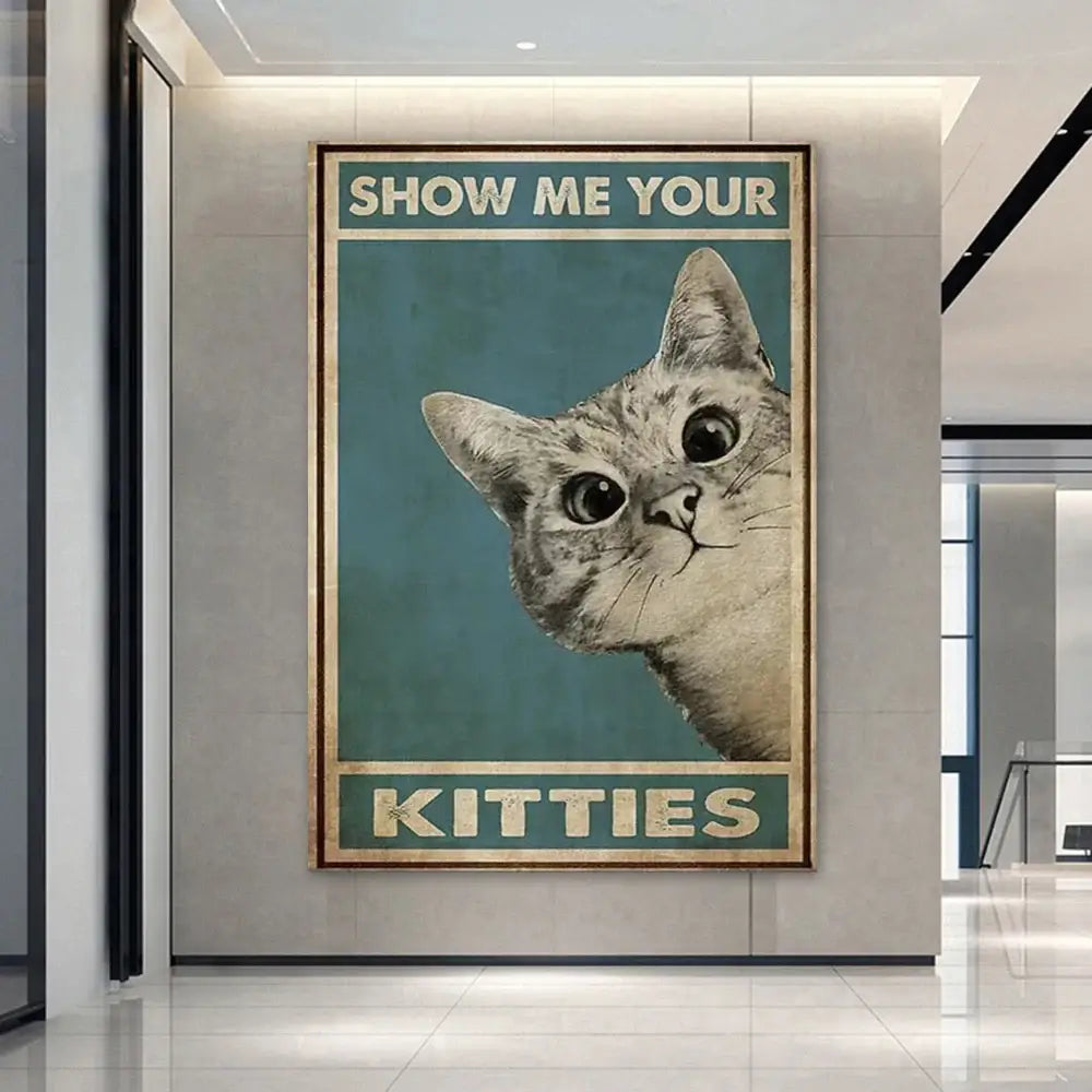 Vintage-style framed decorbites™ black cat reading music poster with gray tabby cat and teal background for home decor
