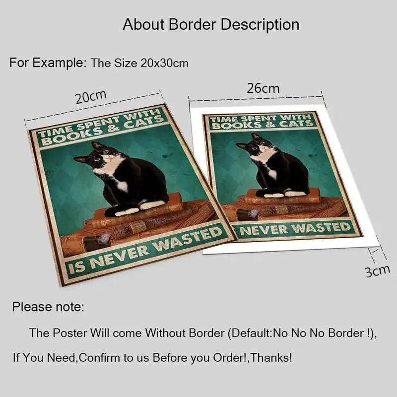 Decorbites™ black cat reading poster featuring vintage black and white cat atop books on teal background for home decor