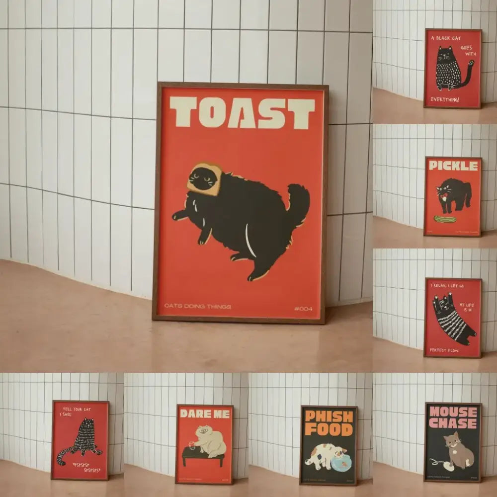 Framed DecorBites™ wall art canvas with a bold red background featuring a black cat wearing a yellow toaster hat and toast text
