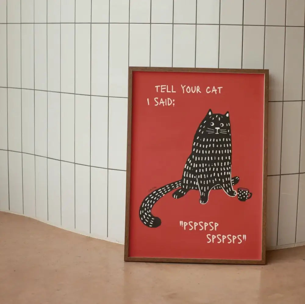 A framed decorbites wall art canvas featuring a black cat funny animal illustration on a red background with cat text