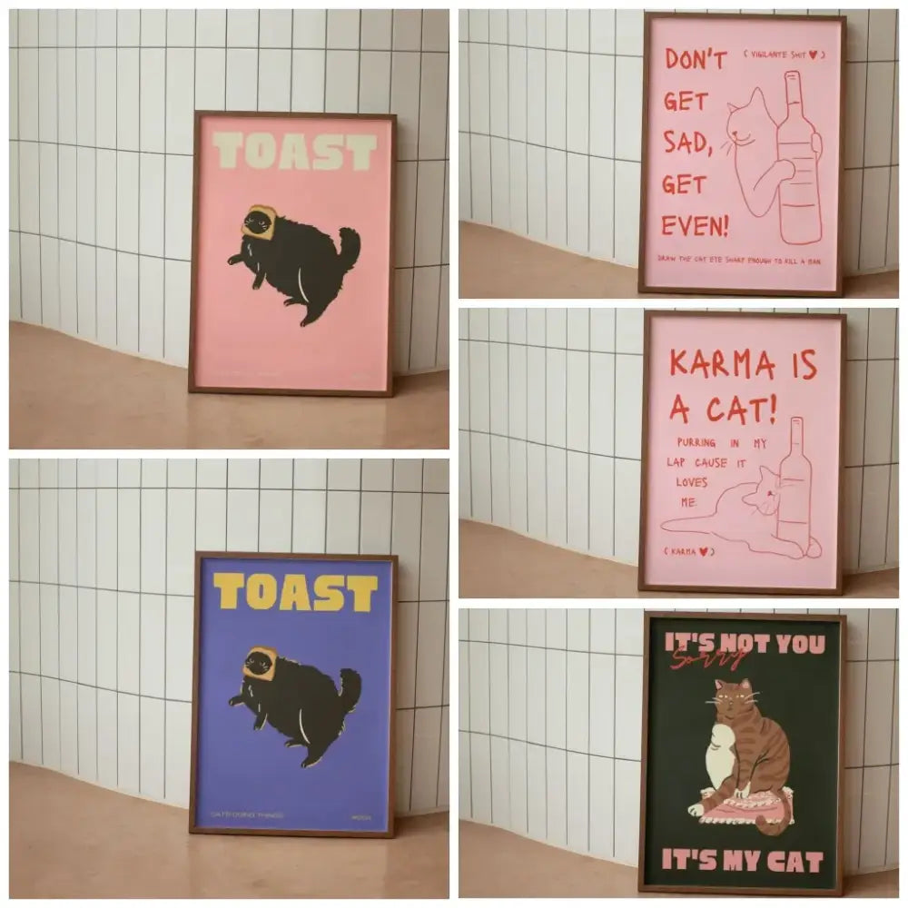 Decorbites black cat funny animal wall art canvas featuring pink and blue framed posters with cartoon cats and humor