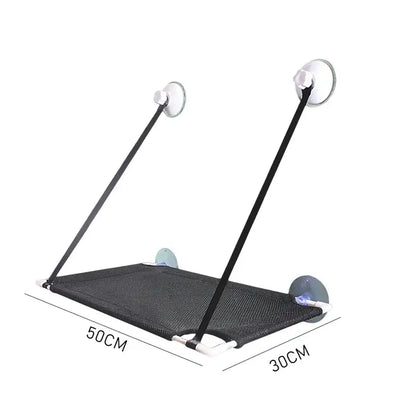 Black mesh cat window suction hanging bed with white suction cups and black straps for living room hammock use