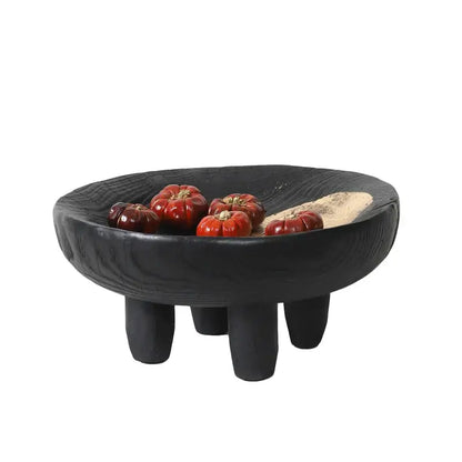 Black wooden bowl with three legs featuring rustic texture and wood grain as decorbites imitation wood corner tray
