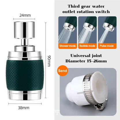 Black and chrome aluminum kitchen faucet adapter with 360 rotating splash nozzle and dark green textured grip