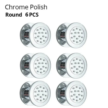 Chrome-polished round showerhead set of 6 with decorbites brass body for spa jets in black chrome and brushed nickel finish