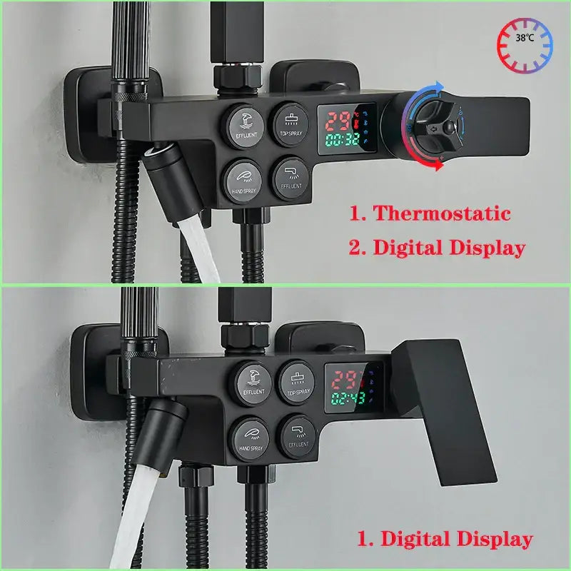 Black matte finish thermostatic shower valve with decorbites digital display and multiple spray settings shower set