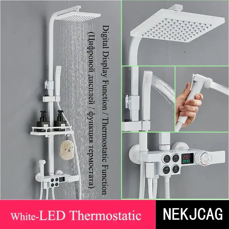 White led digital display thermostatic shower set with square rainhead for decorbites digital display bathroom system
