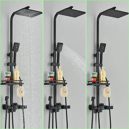 Black and chrome digital display thermostatic shower set with black matte square rainhead handheld spray and integrated shelf