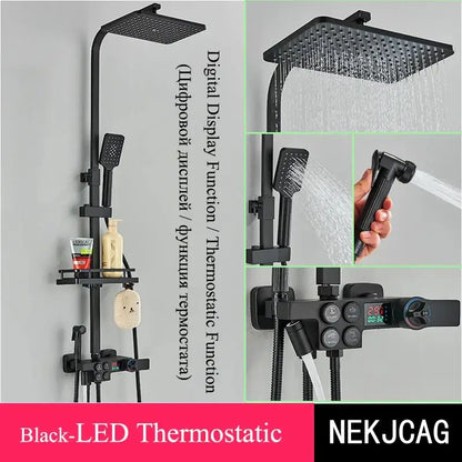 Black and chrome digital display thermostatic shower set with multiple spray heads for modern bathroom decorbites shower set