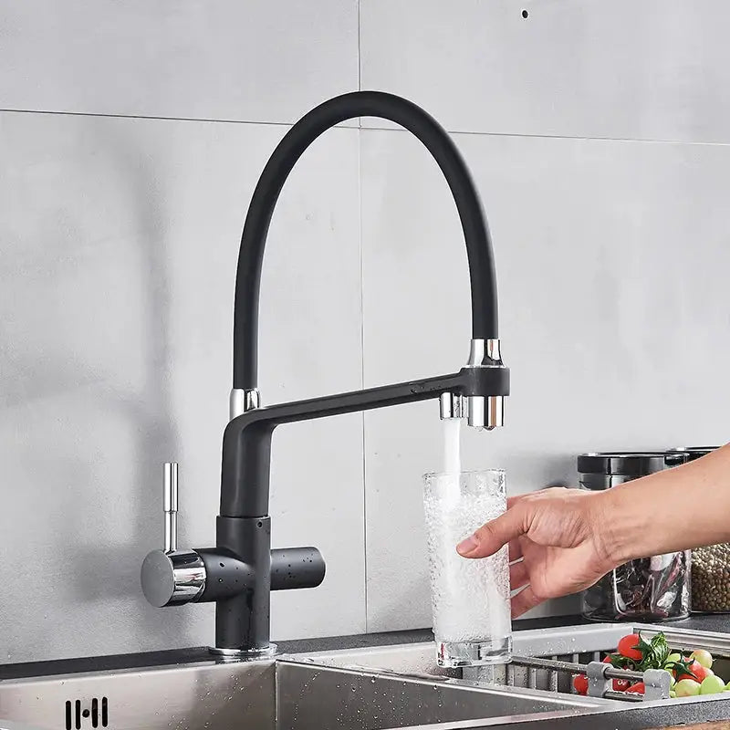 Black matte and chrome kitchen faucet with flexible gooseneck spout pull down sprayer and water filter decorbites black chrome