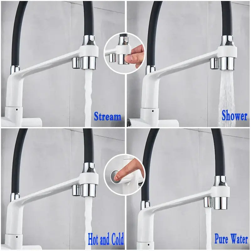 Black chrome kitchen faucet with pull down sprayer and water filter featuring white body black hose and chrome accents