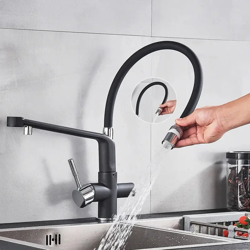 Black matte and chrome kitchen faucet with flexible gooseneck spout, pull down sprayer, and water filter by decorbites black chrome