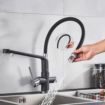 Black matte and chrome kitchen faucet with flexible gooseneck spout, pull down sprayer, and water filter by decorbites black chrome